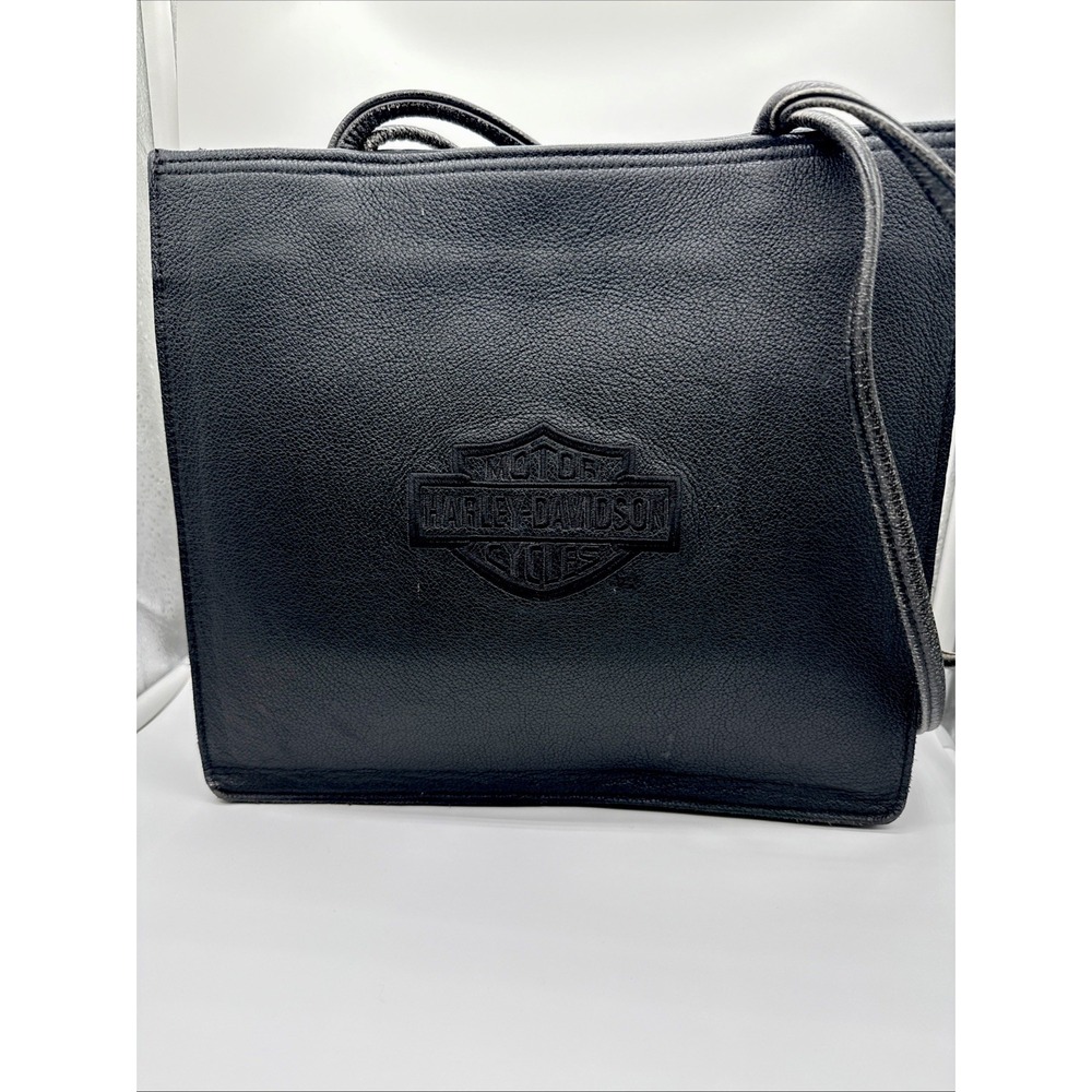 Vintage Harley Davidson Black Embroidered Logo Leather Shoulder Bag Purse Tote